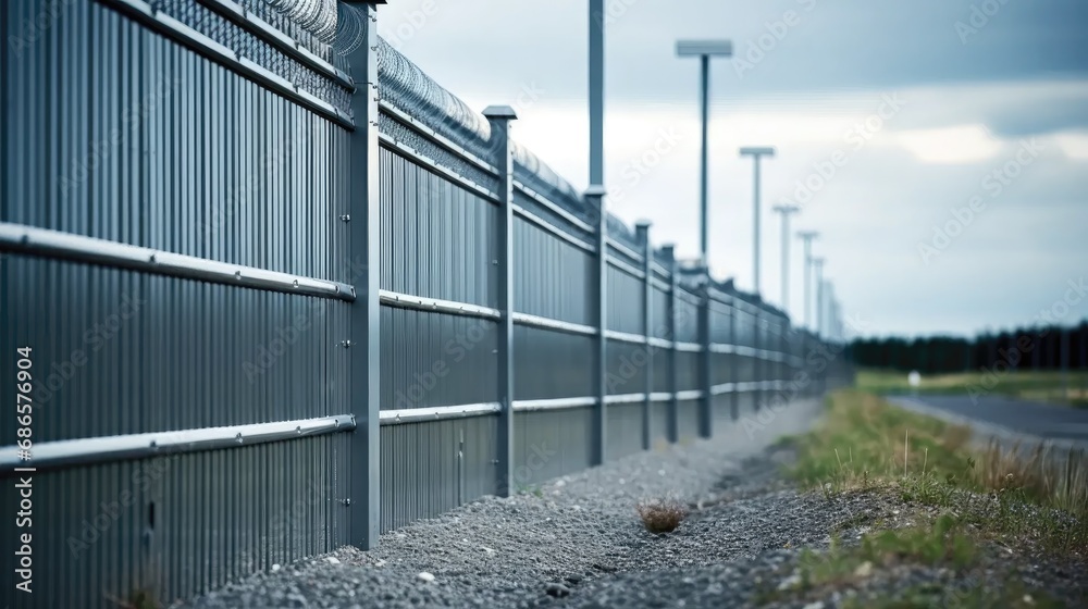 Guarded Fortress: intricacies of a military base with a closeup of the metal border fencing.