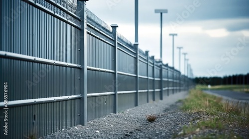 Guarded Fortress: intricacies of a military base with a closeup of the metal border fencing.