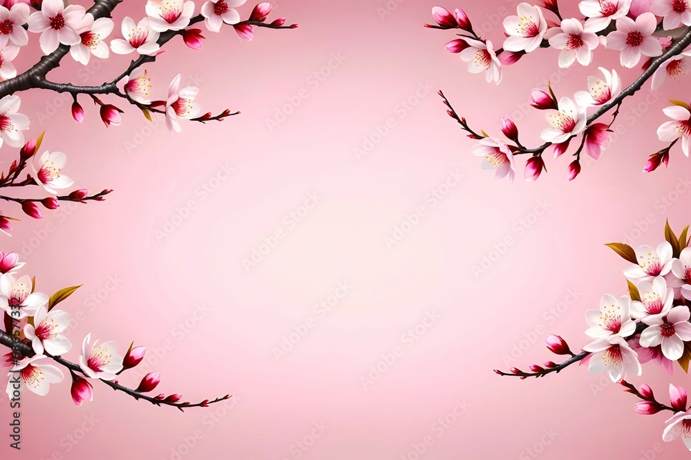 Sakura on pink background with empty space and blooming cherry blossom