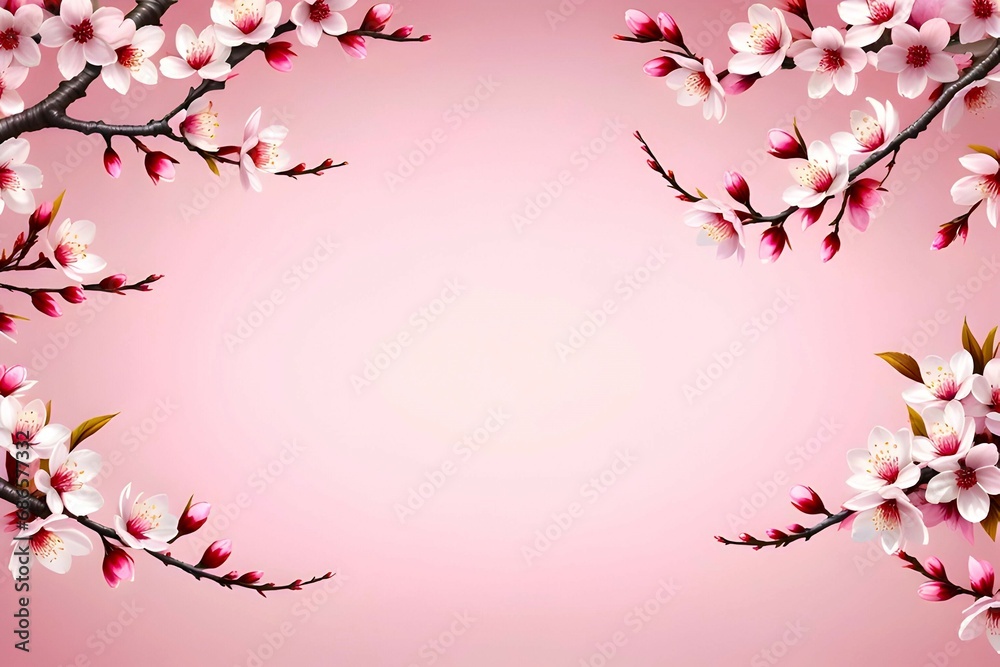 Fototapeta premium Sakura on pink background with empty space and blooming cherry blossom