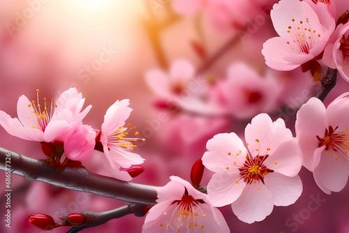 Close up view of pink sakura flowers representing the theme of cherry blossom spring