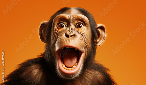Portrait of a Chimpanzee showing his teeth. Open mouth. Orange background. © Ruslan Gilmanshin