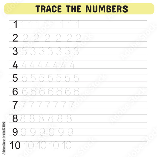 Trace the numbers. Tracing number worksheet for kindergarten, preschool for learning numbers and handwriting practice activities. Educational children game, printable worksheet. Vector illustration