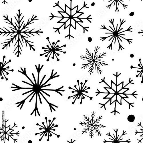 Vector pattern.Winter Snowflake.Doodle Style.New Year.Hand Drawn.Holiday.Symbol.Glitter.Shine Magic.New Year's.Festive.Christmas.Cold.Snowfall.Minimalistic Simple Black on White Background.Snow.