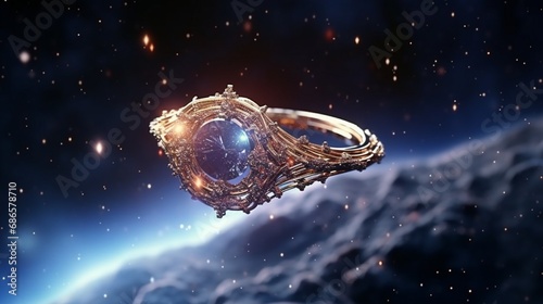 A cluster ring in a celestial setting, surrounded by twinkling stars and a cosmic backdrop.