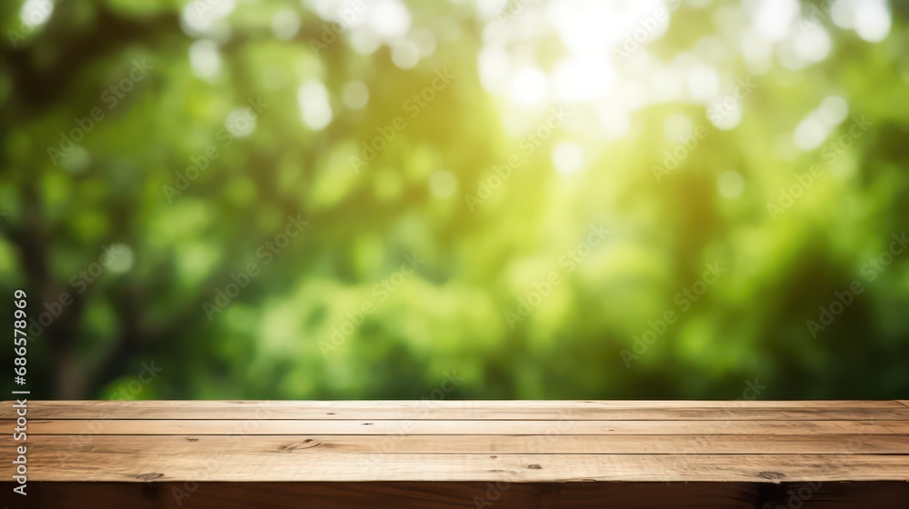 Empty wooden table with blurry green forest background for product display mockups, generative AI Empty wooden table with blurry green forest background for product display mockups, generative AI
