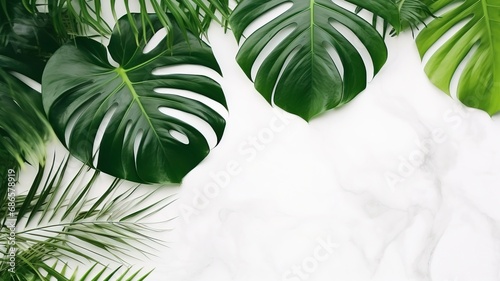 Isolate Dark green Monstera large leaves, philodendron tropical foliage plant growing in wild on white mable rock background concept for flat lay summer greenery leaf With generative ai