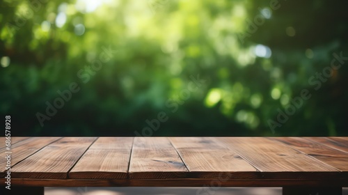 Empty wooden table with blurry green forest background for product display mockups, generative AI © ASA Creative
