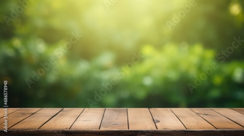 Empty wooden table with blurry green forest background for product display mockups, generative AI
