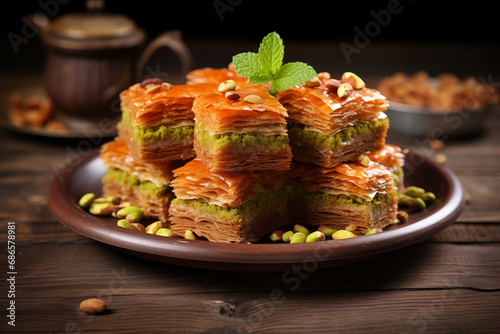 Close up view at slices of baklava. Turkish havuc dilim baklava with pistachios on the clay plate photo