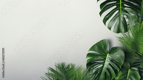Isolate Dark green Monstera large leaves, philodendron tropical foliage plant growing in wild on white mable rock background concept for flat lay summer greenery leaf With generative ai