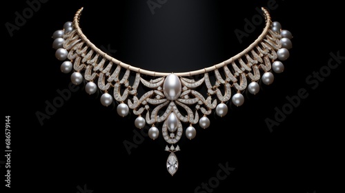 A close-up of a vintage-style, high-detailed collar necklace adorned with ornate patterns and elegant gemstones in full
