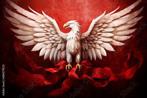 White eagle on a red background, national coat of arms of Poland