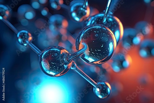 Science molecular water drop DNA model structure atoms bacgkround medical. Blue molecule atoms structures on blue liquid serum background. Abstract science background with bubbles on water.