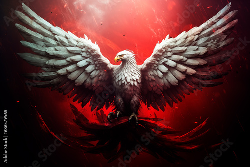 White eagle on a red background, national coat of arms of Poland