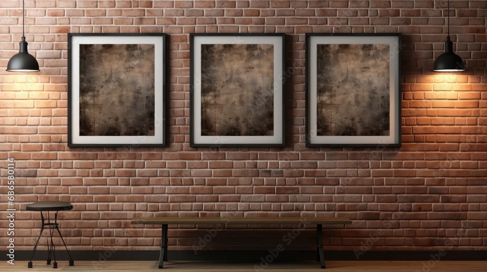 Modern Elegance: Transform your space with sophistication using three black wooden frames suspended against a rustic brick wall. Modern Elegance: Transform your space with sophistication using three black wooden frames suspended against a rustic brick wall.