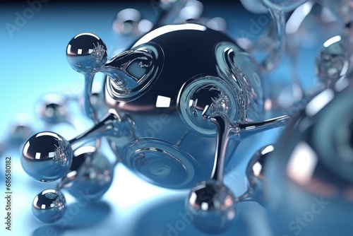 Macro shot of liquid or air, abstract glass molecule sctructure, macro shot 3d render with depth of field. Science molecular water drop DNA model structure atoms bacgkround medical.