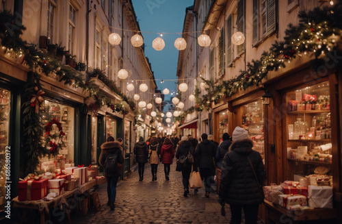 A quaint European street on Saint Nicholas Day, adorned with festive decorations and lights, shoppers carrying bags of gifts