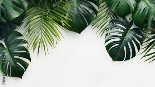 Isolate Dark green Monstera large leaves, philodendron tropical foliage plant growing in wild on white mable rock background concept for flat lay summer greenery leaf With generative ai