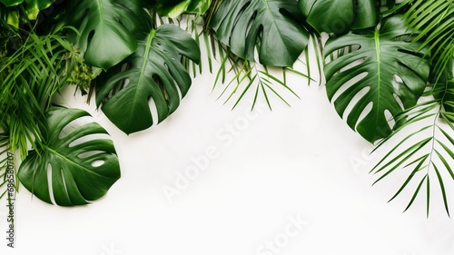 Isolate Dark green Monstera large leaves, philodendron tropical foliage plant growing in wild on white mable rock background concept for flat lay summer greenery leaf With generative ai