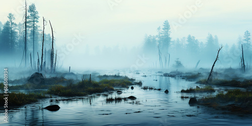 Swamp with trees in misty fog at sunrise. Tranquil, moody landscape. Generative AI