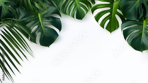 Isolate Dark green Monstera large leaves, philodendron tropical foliage plant growing in wild on white mable rock background concept for flat lay summer greenery leaf With generative ai