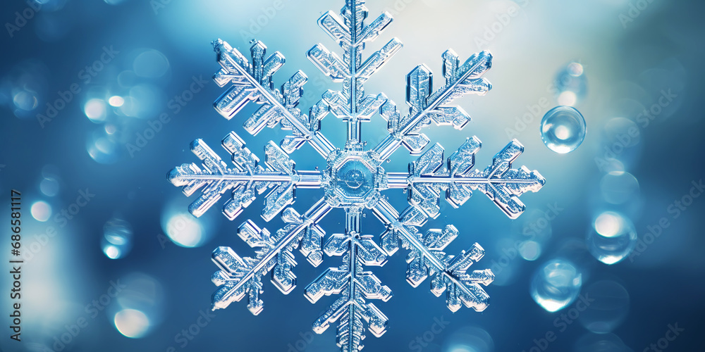 Close up of a glossy snowflake, macro photo of snow crystals on blue background. Generative AI Close up of a glossy snowflake, macro photo of snow crystals on blue background. Generative AI