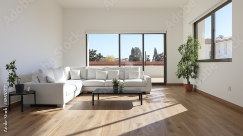 Interior of minimalist living room in modern apartment. White walls, hardwood floor, comfortable white corner sofa, coffee table, indoor plants in ceramic pots, large windows with city view. Mockup.