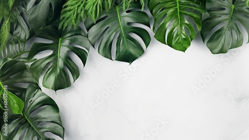 Isolate Dark green Monstera large leaves, philodendron tropical foliage plant growing in wild on white mable rock background concept for flat lay summer greenery leaf With generative ai