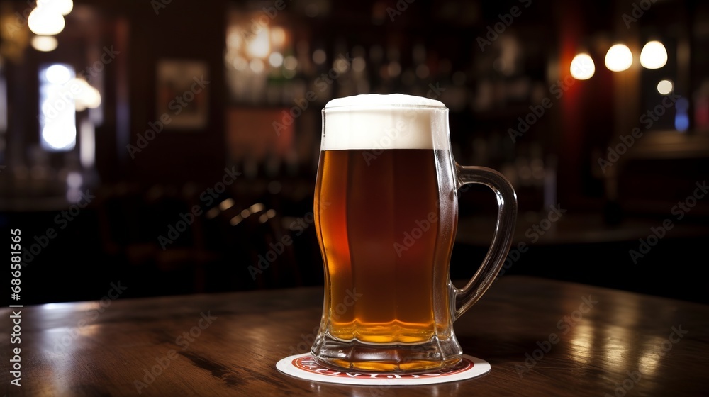 Mug of beer with foam frothy head on wooden table in an English pub background, exuding a warm and inviting atmosphere.