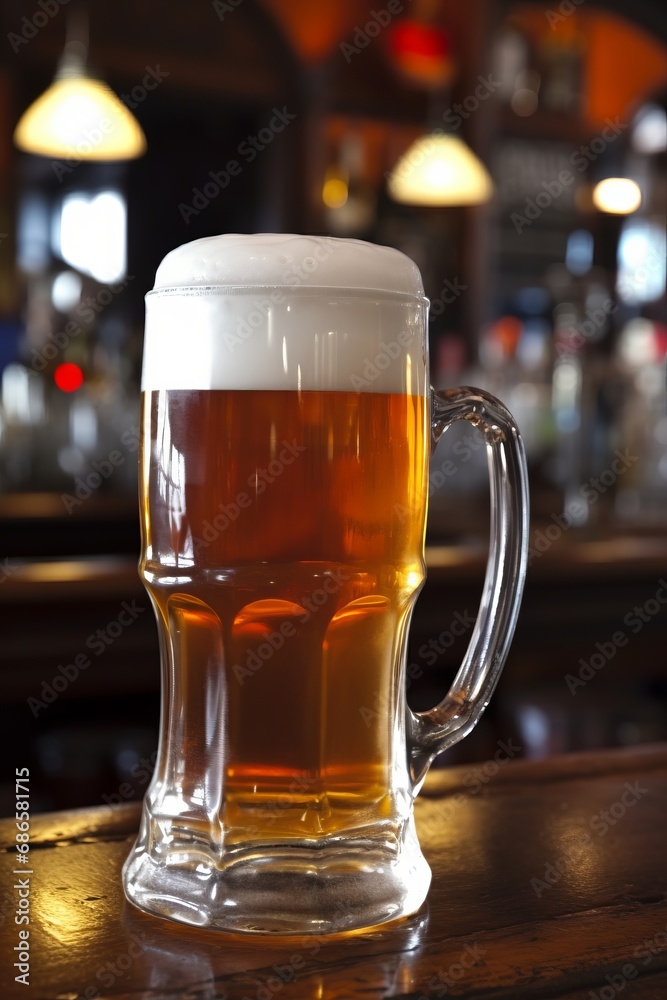 Mug of beer with foam frothy head on wooden table in an English pub background, exuding a warm and inviting atmosphere.