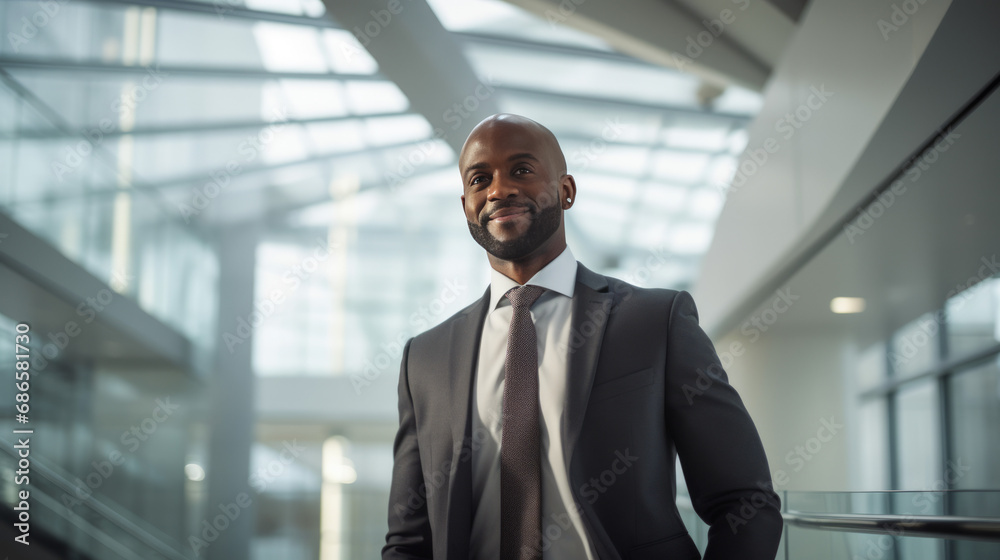 Portrait of black businessman in bright, modern office, generated with ai