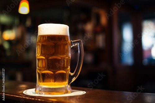 Mug of beer with foam frothy head on wooden table in an English pub background  exuding a warm and inviting atmosphere.