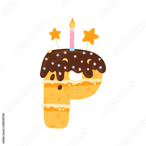P - Birthday cake with icing, candy sprinkles. Biscuit with cream carved in the shape of the English letter. Vector illustration in simple cartoon hand-drawn style. Colorful isolate.