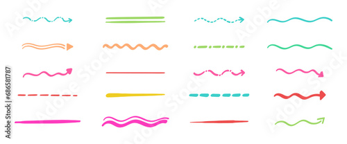 Collection of strikethrough multi colored underlines. different doodle colorful dotted and wavy lines. Horizontal hand drawn marker stripes, brush strokes and arrows.