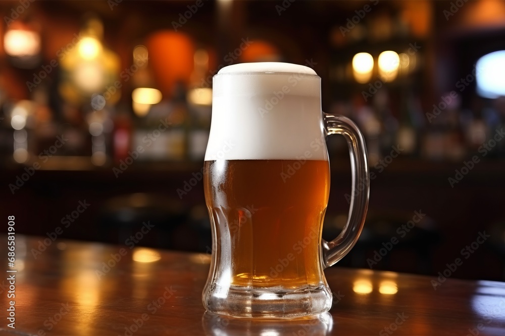 Mug of beer with foam frothy head on wooden table in an English pub background, exuding a warm and inviting atmosphere. Mug of beer with foam frothy head on wooden table in an English pub background, exuding a warm and inviting atmosphere.