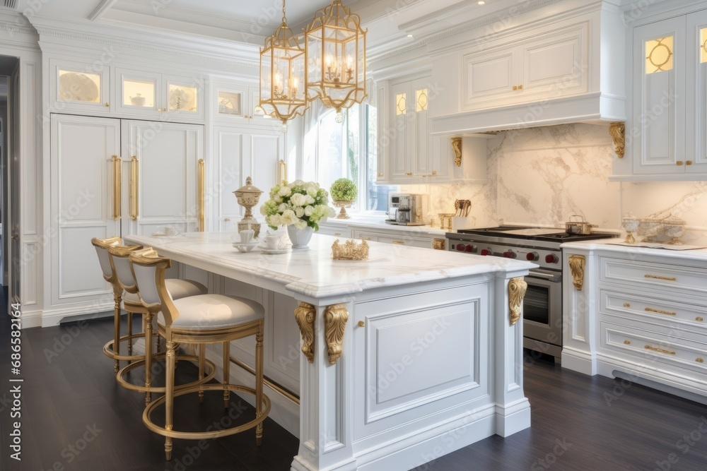 Interior of modern luxurious kitchen classic style. White cabinets with ...