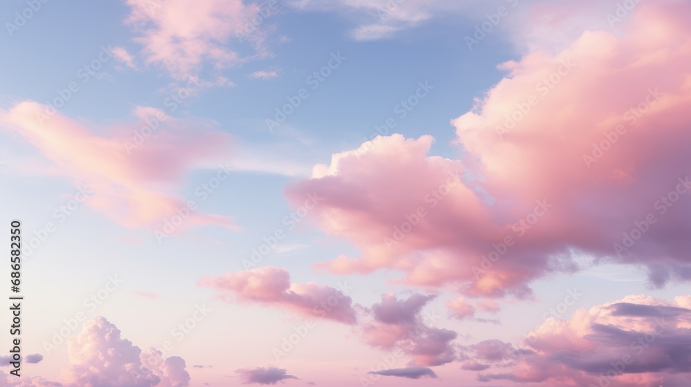 Blue sky with fluffy pink clouds at sunset, dawn of the day. Warm pastel colors, serene romantic background. - obrazy, fototapety, plakaty 