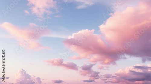 Blue sky with fluffy pink clouds at sunset, dawn of the day. Warm pastel colors, serene romantic background.