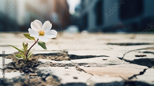 A lonely white flower grows from a crack in the asphalt road. Neutral blurred background. Place for text.