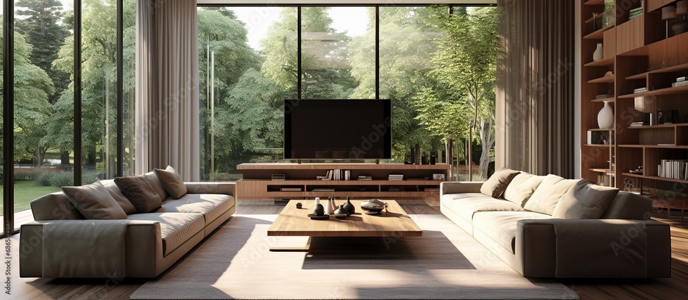The living room has large windows with couches coffee table and TV in the center