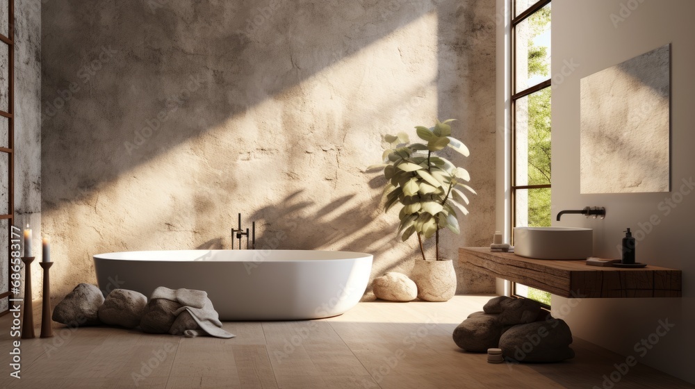 Interior of modern bathroom in luxury eco-style cottage. Concrete-textured walls, freestanding bathtub, wall cabinet with countertop sink, indoor plants, large panoramic window with picturesque view. Interior of modern bathroom in luxury eco-style cottage. Concrete-textured walls, freestanding bathtub, wall cabinet with countertop sink, indoor plants, large panoramic window with picturesque view.