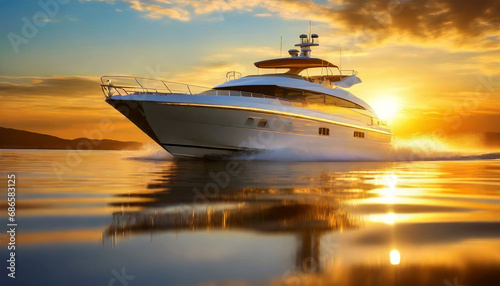 White luxury motor boat (yacht) moving on the sea at sunset or sunrise, backlit with reflections on the water. Concept of luxury seaside holidays. © Alberto Masnovo