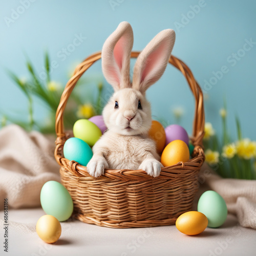 Fluffy brown bunny in a wicker basket with Easter eggs and yellow flowers on a light background © Ekaterina