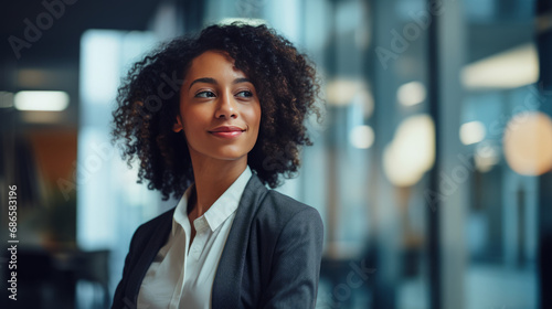 Portrait of black business woman in bright, modern office, generated with ai