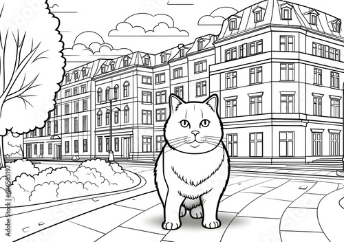 coloring cat in the city. coloring the simple thick lines kids' or children's cartoon coloring book pages. Clean drawing can be vectorized to illustration.  photo