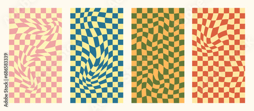 Set of groovy wavy psychedelic checkerboard in pale retro colors, Groovy hippie chessboard template. Design from the 60s 70s.