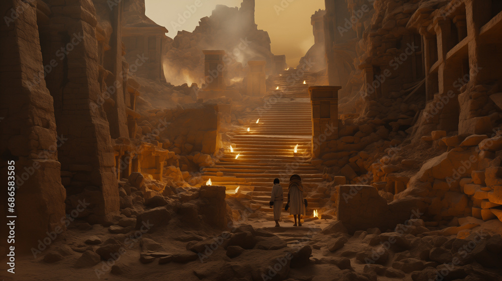 Two people discover the ruins of a stone city in the desert with stairs and fire lights on the steps. In the background, mountains and a dust cloud. Fantasy and archaeology wallpaper