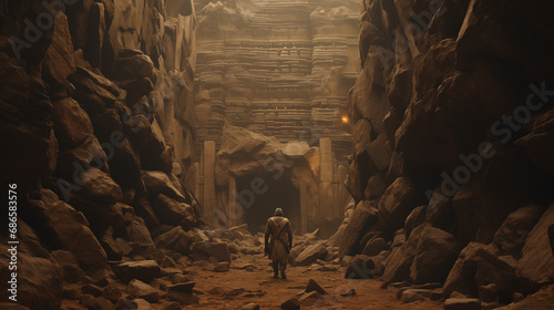 Medieval crusader soldier, facing away, discovers an abandoned mysterious temple among the rocks. Archaeology and fantasy landscape for a wallpaper. photo