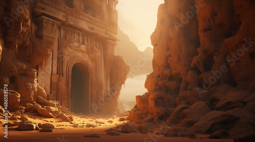 Fantasy ruins of a lost temple among the rocks in a desert, discovered during an archaeological exploration. Wallpaper similar to Petra, featuring golden light from the sunset